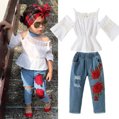 Girls Fashion Solid Color Cool-Shoulder Tops And Flower Pattern Hole Design Jeans Set