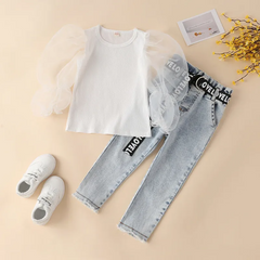 Girls Basic Solid Color Mesh Long Sleeve Top And Denim Pants Set