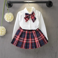 Girls Lapel Design Bowknot Decor Blouse And Plaid Skirt Set