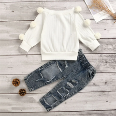 Girl Knitted Pompom Decor Long Sleeve Tops And Ripped Jeans Set