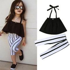 Kids Toddler Baby Girls Fashion Black Halter Neck Tube Top And Stripe Trousers Two-Piece Set