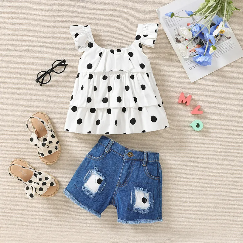 Children Kids Baby Fashion Girls Ruffle Sleeve Polka Dot Top And Denim Shorts 2pcs Set