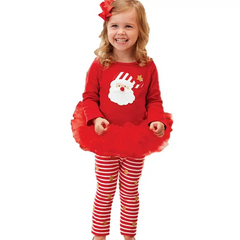 Christams Clothing Girls Red Santa Claus Printed Patchwork Tops And Stripes Pant