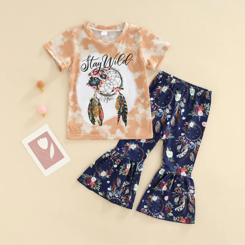 Children Kids Toddlers Fashion Girls Letter Print Short Sleeve T-Shirt And Flared Pants 2pcs Set