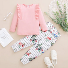 Children Kids Toddlers Fashion Girls Long Sleeve Solid Color Top And Flower Print Pants 2pcs Set