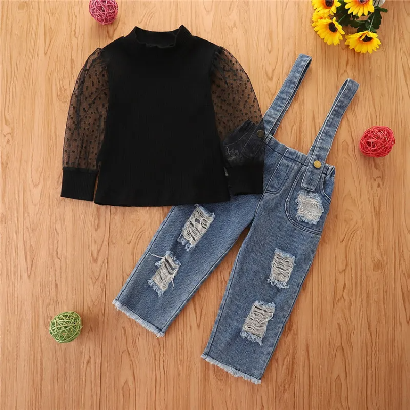 Girls Basic Long Sleeve Lace Top And Hole Design Denim Suspender Trousers Set