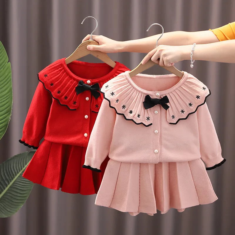 Kids Toddler Girls Autumn Winter Fashion Casual Simple Solid Color Bow Pearl Button Lapel Sweater Pleated Skirt Set