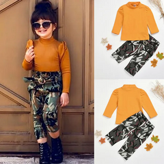 Girl Solid Color Long Sleeve Top And Camouflage Printed Pants Set