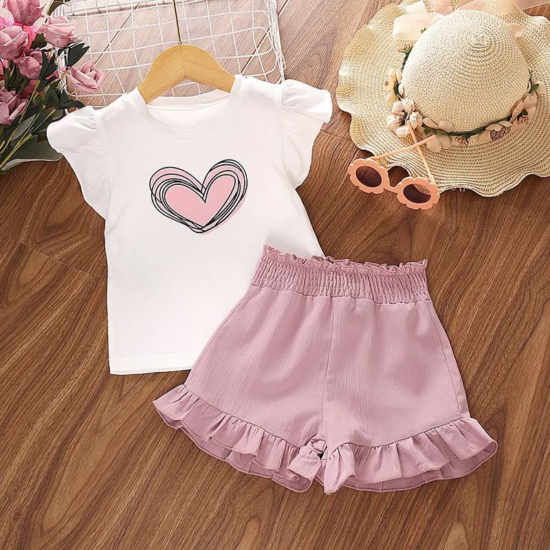 Children Kids Baby Fashion Ruffle Sleeve Heart Top And Pink Shorts 2pcs Set