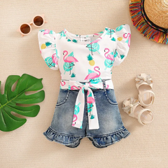 Kids Girl Cute Flamingo Top Denim Shorts Two-Piece Set