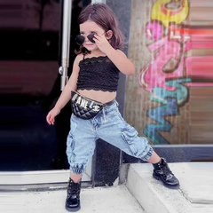 Girls Fashion Solid Color Lace Camisole And Jeans Set