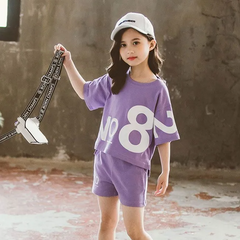 2pcs/Set Girls Loose Letter Print Round Neck Short Sleeve Tee And Shorts