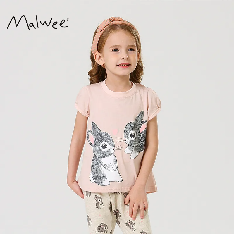 Children Kids Baby Fashion Girls Basic Casual Short Sleeve Cartoon Rabbit Print T-Shirt And Pants 2pcs Set