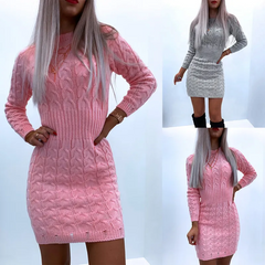 Autumn Winter Women Basic Long Sleeves Solid Color Round Neck Knitted Dress