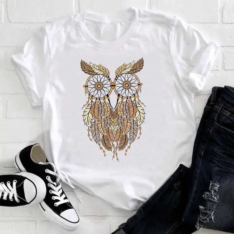 Basic Women Fashion Cartoon Owl Cat Print Crew Neck Short Sleeve T-Shirt