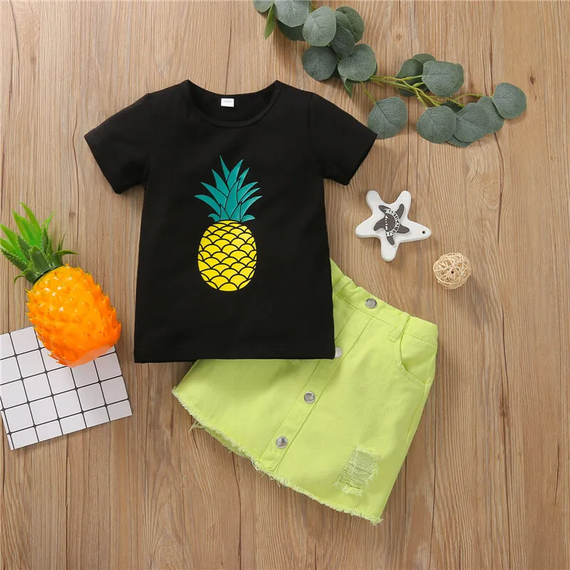 Girls Fashion Pineapple Pattern T-Shirt And Denim Skirt Set