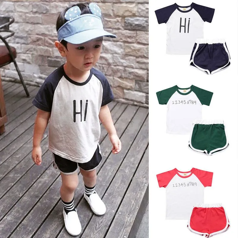 2 Pcs Set Kids Boy Girl Patchwork T-Shirts Ans Shorts Set