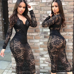 Sexy See-Through Lace V-Neck Long-Sleeve Midi Bodycon Dress