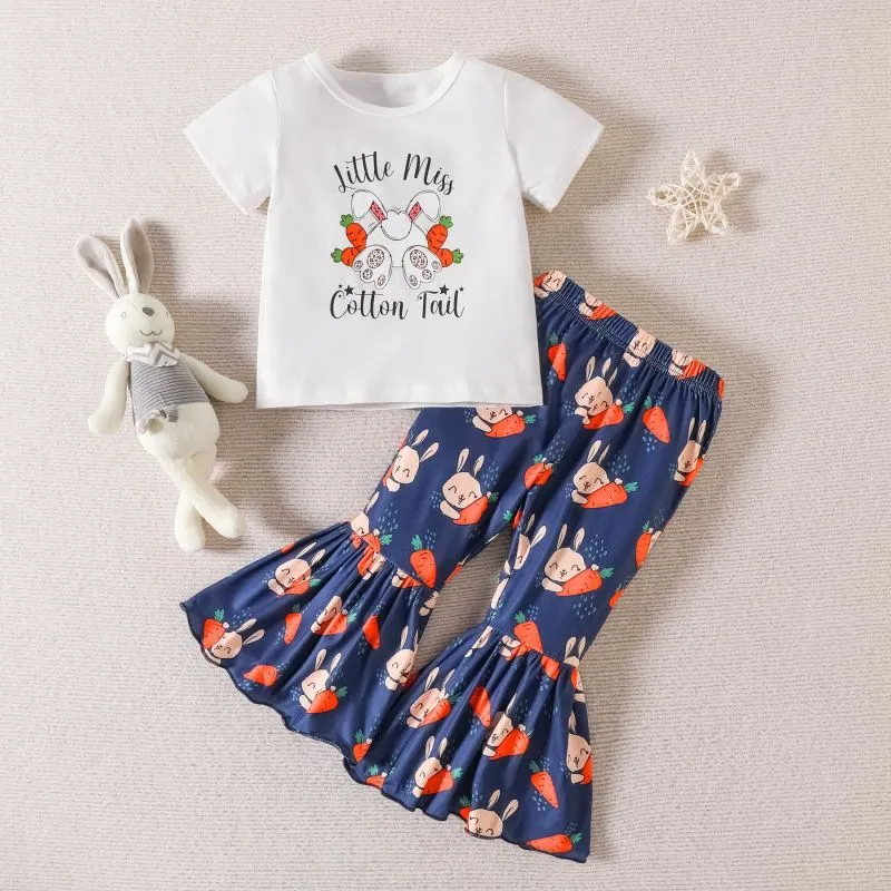 Kids Toddler Girls Casual Cute Easter Day Cartoon Rabbit Letter Print Short Sleeve Round Neck T-Shirt Flare Trousers Set