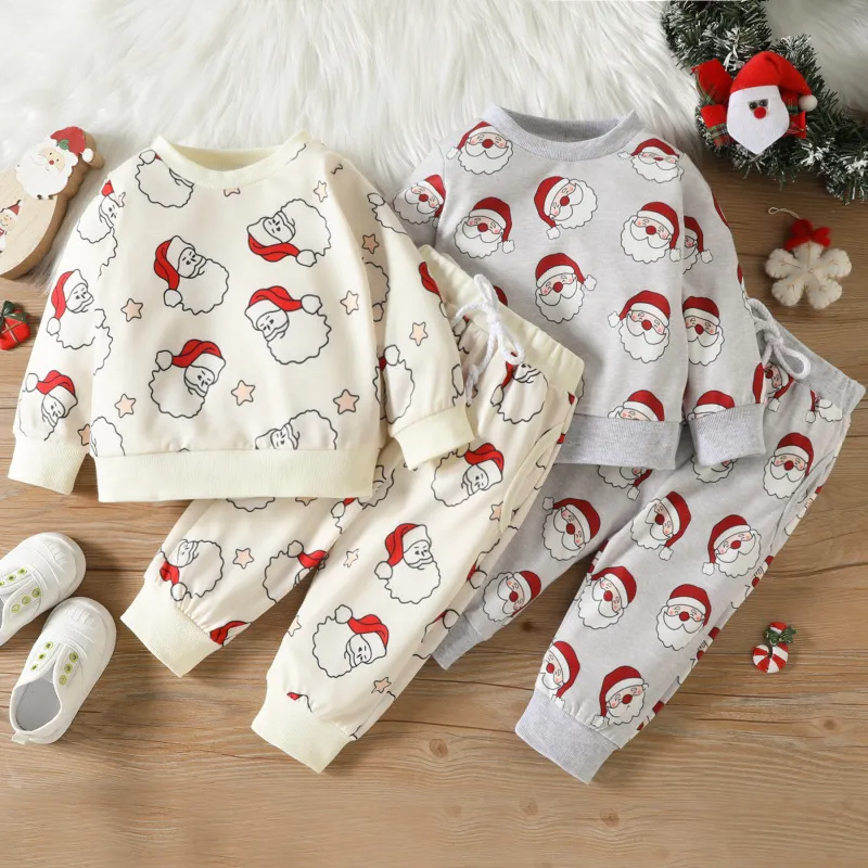 Kids Toddler Boys Girls Casual Cute Santa Claus Pattern Long Sleeve Round Neck Sweatshirts Pants Sets