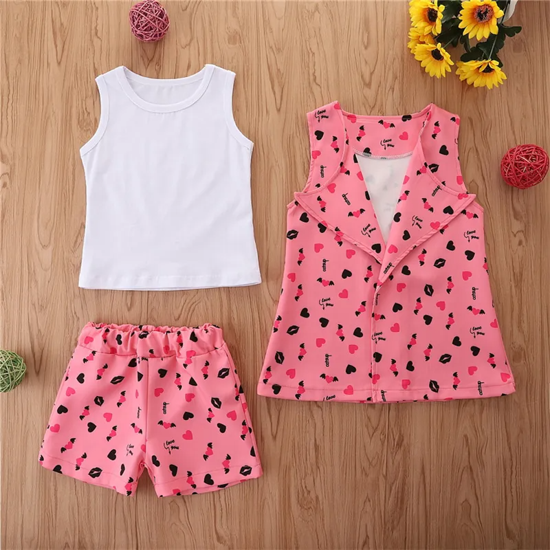 Girls Fashion Solid Color Vest Heart Pattern Waistcoat And Shorts