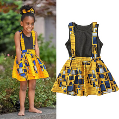 Girls Solid Color Vest And Bohemian Style Suspender Skirt Set