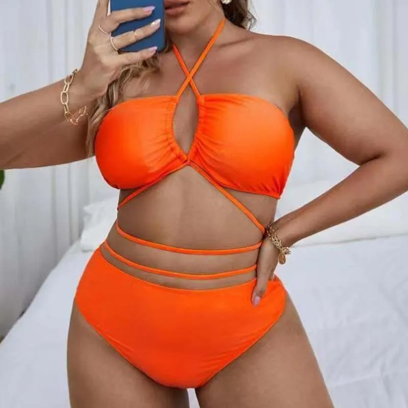 ashion Summer Vacation Women Plus Size Solid Color Split Halter Bikini Swimsuit