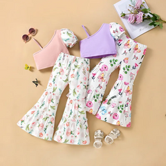 Children Kids Baby Fashion Girls Butterfly Flower One-Shoulder Suspender Top And Flared Pants 2pcs Set