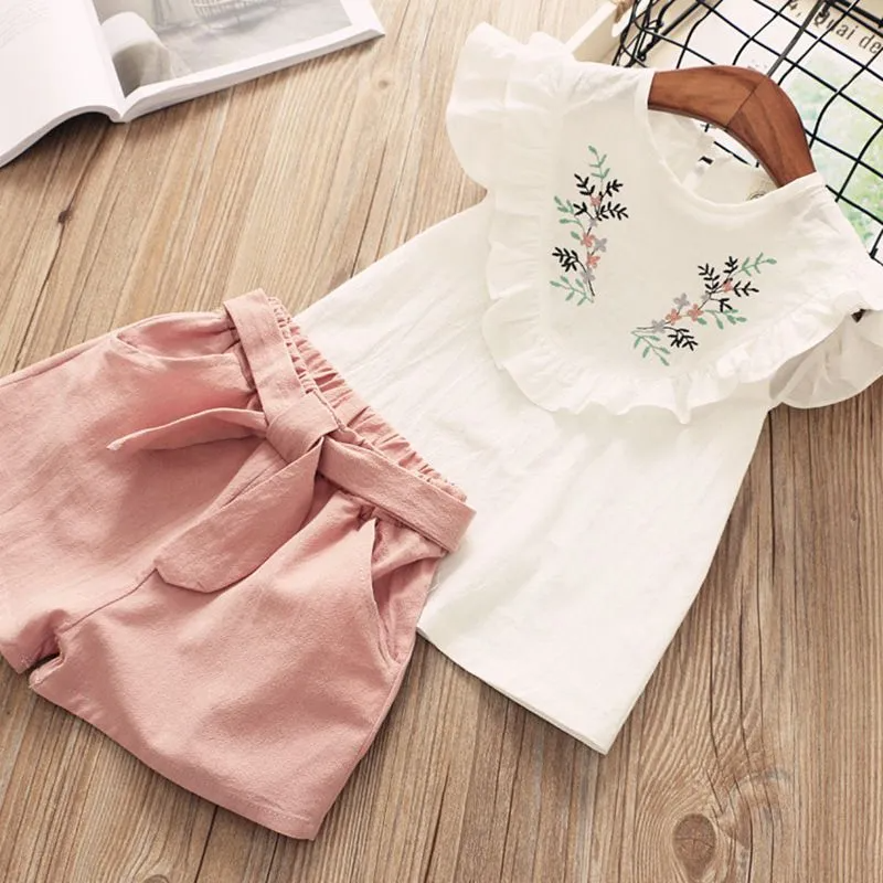 2 Pcs Girls Fresh Flower Design Tops+Shorts Set