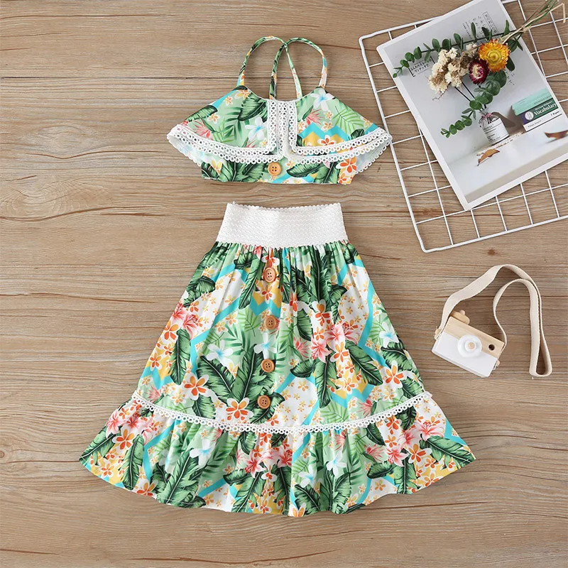 Children Kids Baby Fashion Girls Sleeveless Lace Flower Print Suspender Top And Skirt 2pcs Set