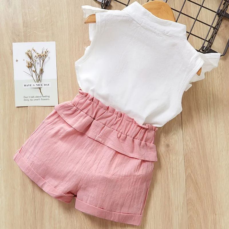 2 Pcs Girls Flower Embroidery Sleeveless Blouse And Shorts