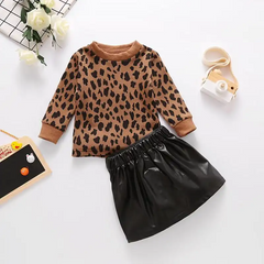 Girls Round Neck Leopard Printed Tops And PU Skirt Set