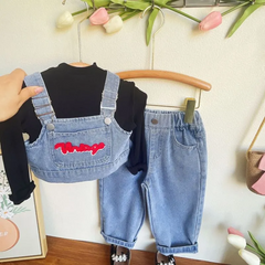 Children Kids Baby Fashion Girls Casual Denim Suspenders Top And Wide-Leg Pants 3pcs Set