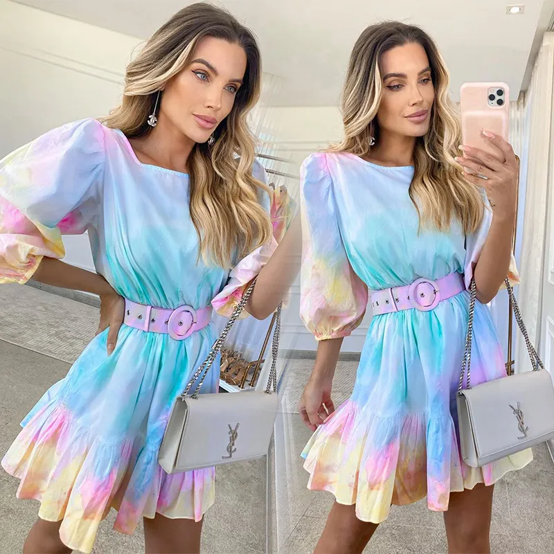 Women Fashion Tie Dye Puff Sleeve Flounced Swing Dress