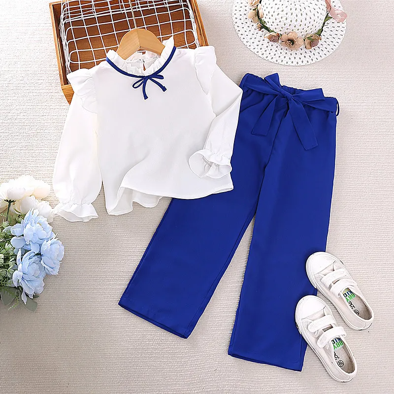 Children Kids Baby Fashion Girls Lace Solid Color Long Sleeved Top And Pants 2pcs Set