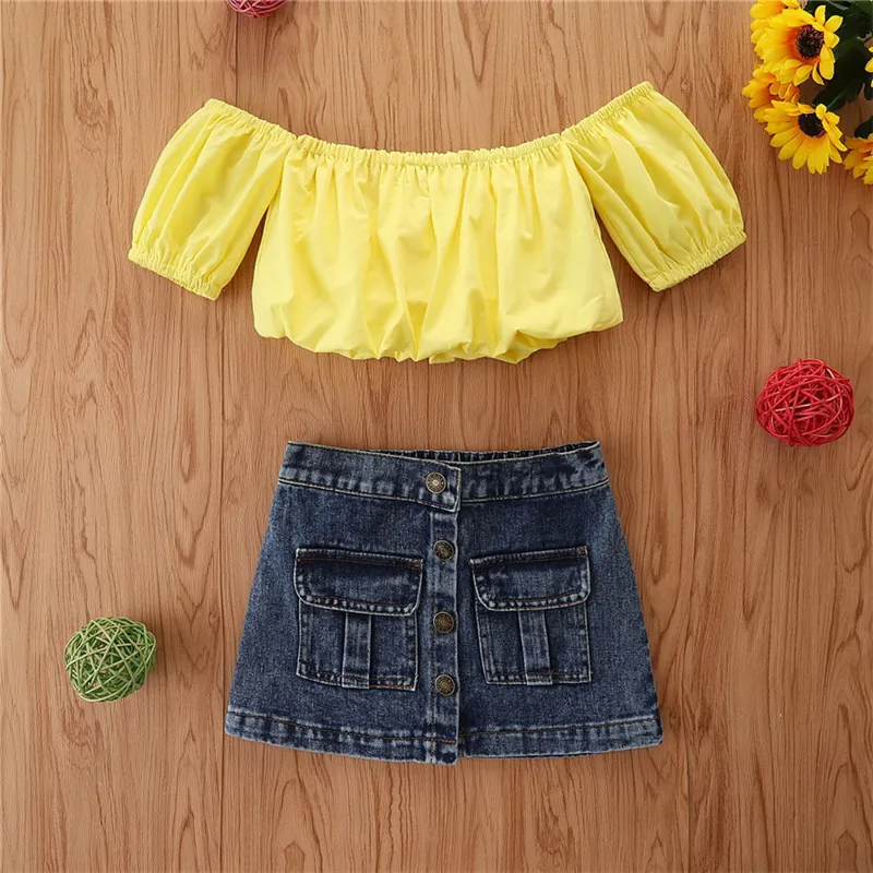 Girls Fashion Solid Color Off-The-Shoulder Tops And Denim Skirt Set