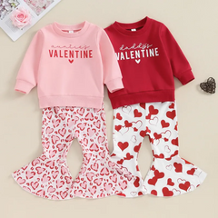 Kids Toddler Girls Valentine Cute Heart Print Long Sleeve Round Neck Sweatshirts Flare Trousers Set