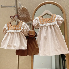 Kids Toddler Girls Fashion Casual Cute Solid Color Embroidery Floral U Neck Shorts Dress Set