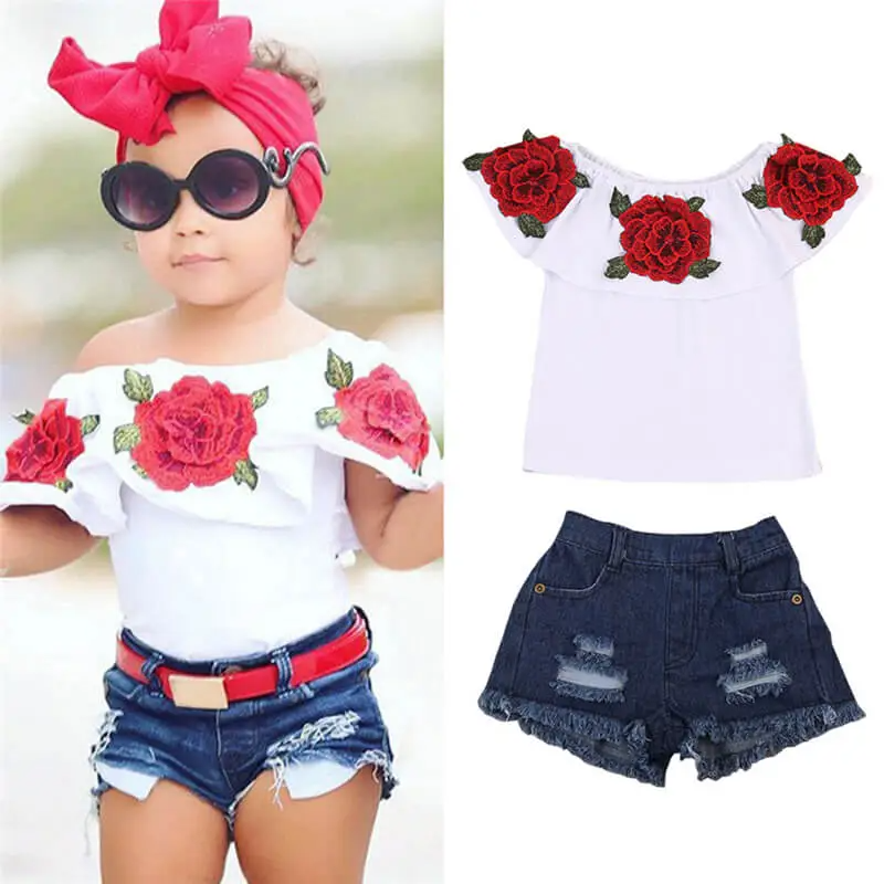 Girls Fashion Flower Pattern Ruffled Design Tops And Denim Shorts Set