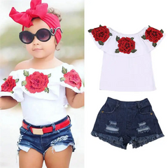 Girls Fashion Flower Pattern Ruffled Design Tops And Denim Shorts Set