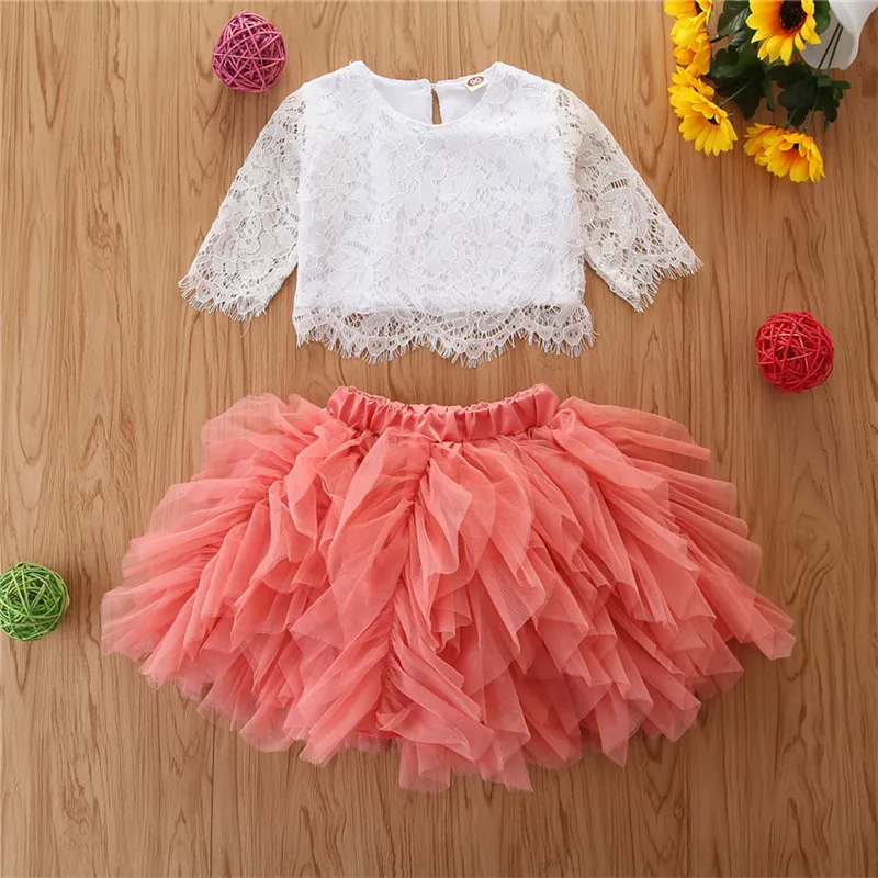 Girls Fashion Long-Sleeves Lace Tops And Fluffy Skirt Set