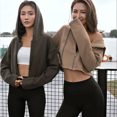 Fashion Athleisure Women Long-Sleeved Sports Cropped Zipper Solid Hoodie