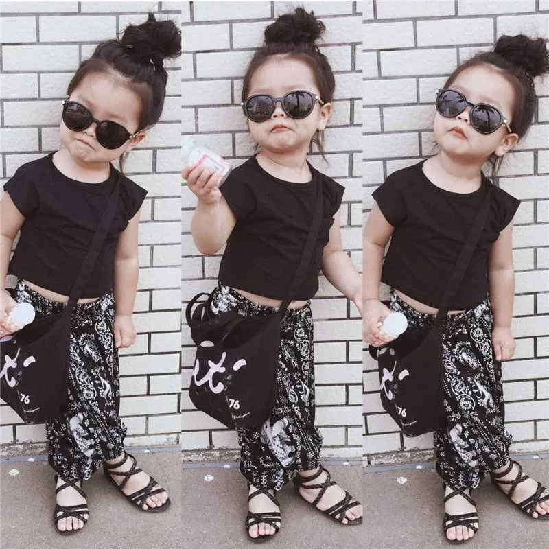 Stylish Girl Black Tees And Print Loose Pants 2 Pcs Set