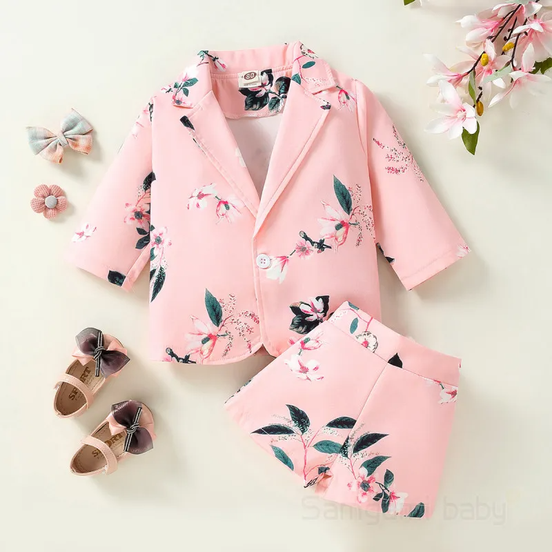 Children Kids Baby Fashion Girls Long Sleeve Floral Print Jacket And Shorts 2pcs Set