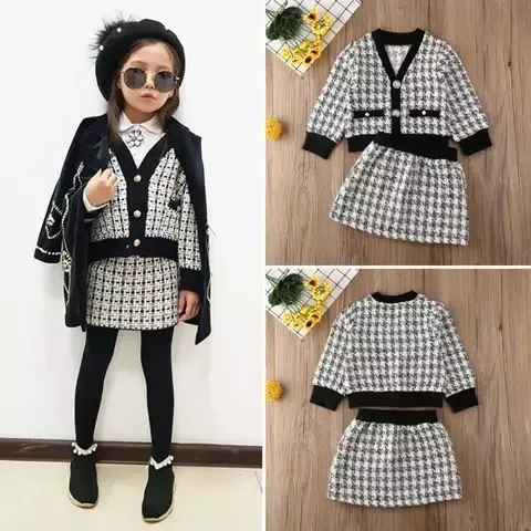 Girls Fashion Long Sleeve Rib Knit Houndstooth Coat And Skirt Set