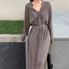 Autumn Winter Mid-Length V-Neck Solid Color Long Sleeve Knitted Dress