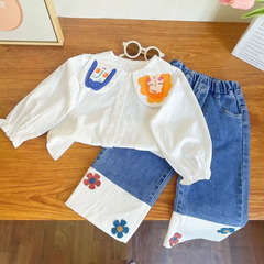 Children Kids Baby Fashion Girls Casual Long Sleeve Cartoon Print Blouse And Flower Jeans 2pcs Set