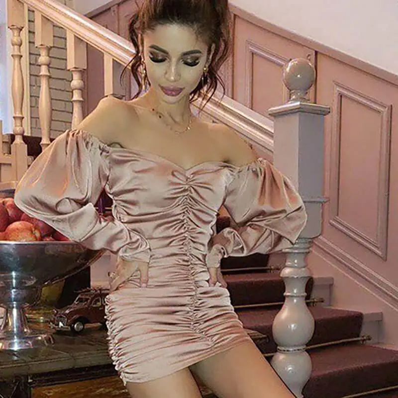 Women Fashion Long Sleeve One-Shoulder Creased Dress