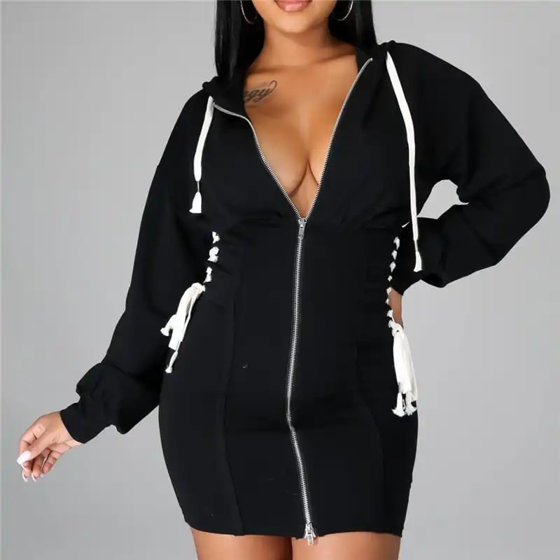 Women Fashion Hooded Lace-Up Zipper Dress