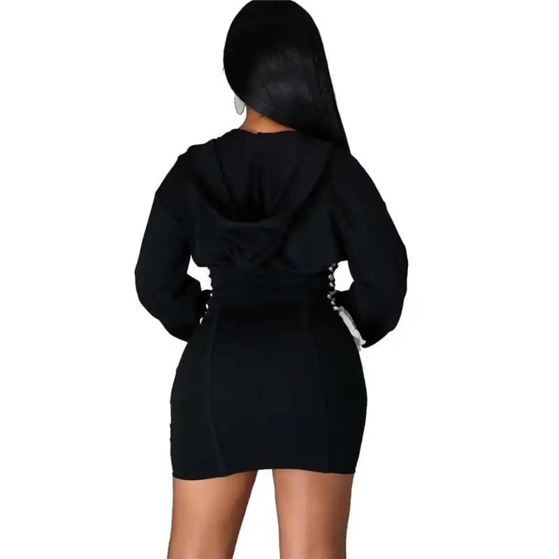 Women Fashion Hooded Lace-Up Zipper Dress